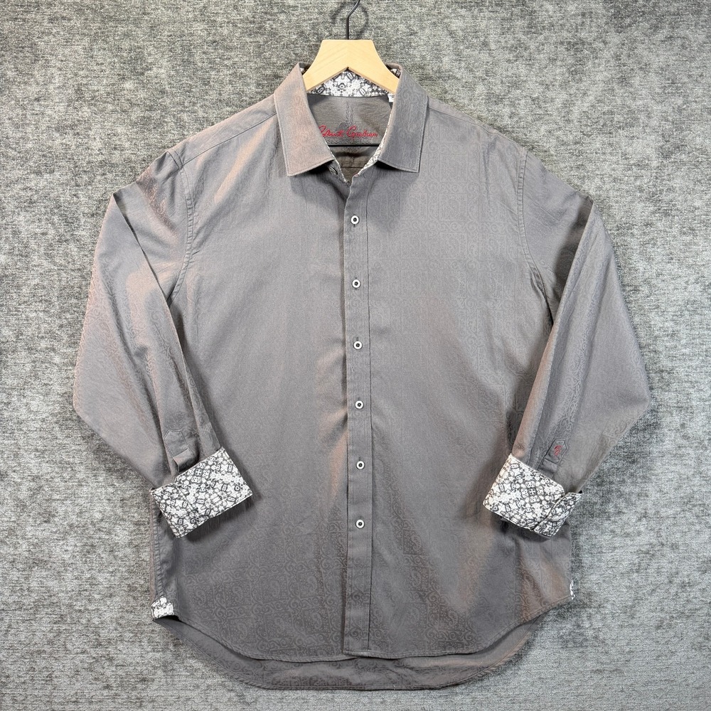 Robert Graham Shirt XL Classic Fit Gray Paisley Jacquard Flip Cuff Cotton